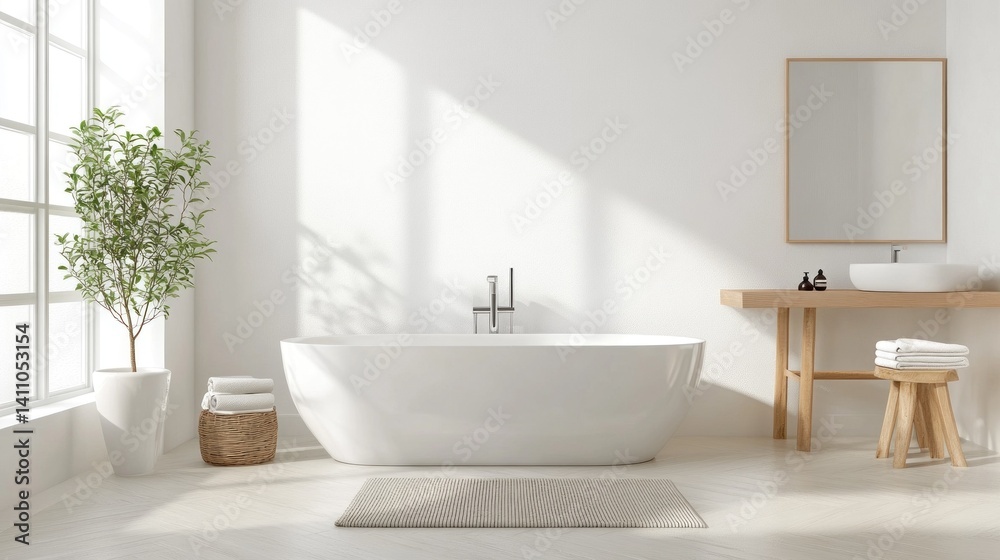 Fototapeta premium Scandinavian-style bathroom with simple fixtures, natural materials, and a bright, clean look.
