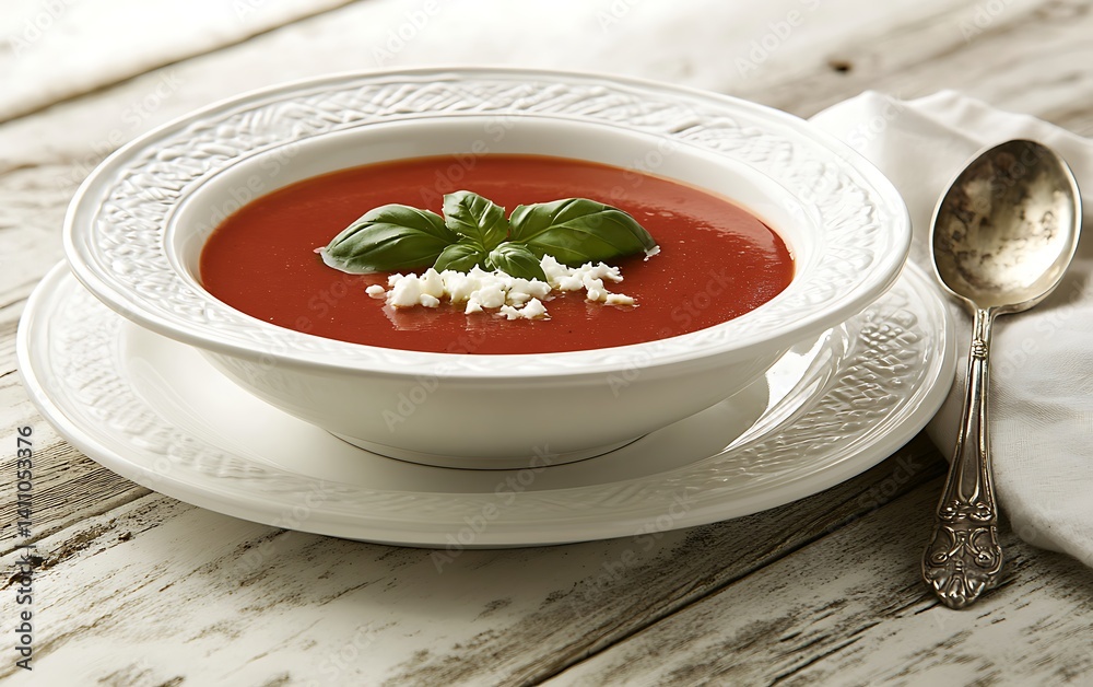 Tomato Soup in White Bowl with Basil and Feta Cheese on Rustic Wooden Surface Tomato Soup in White Bowl with Basil and Feta Cheese on Rustic Wooden Surface