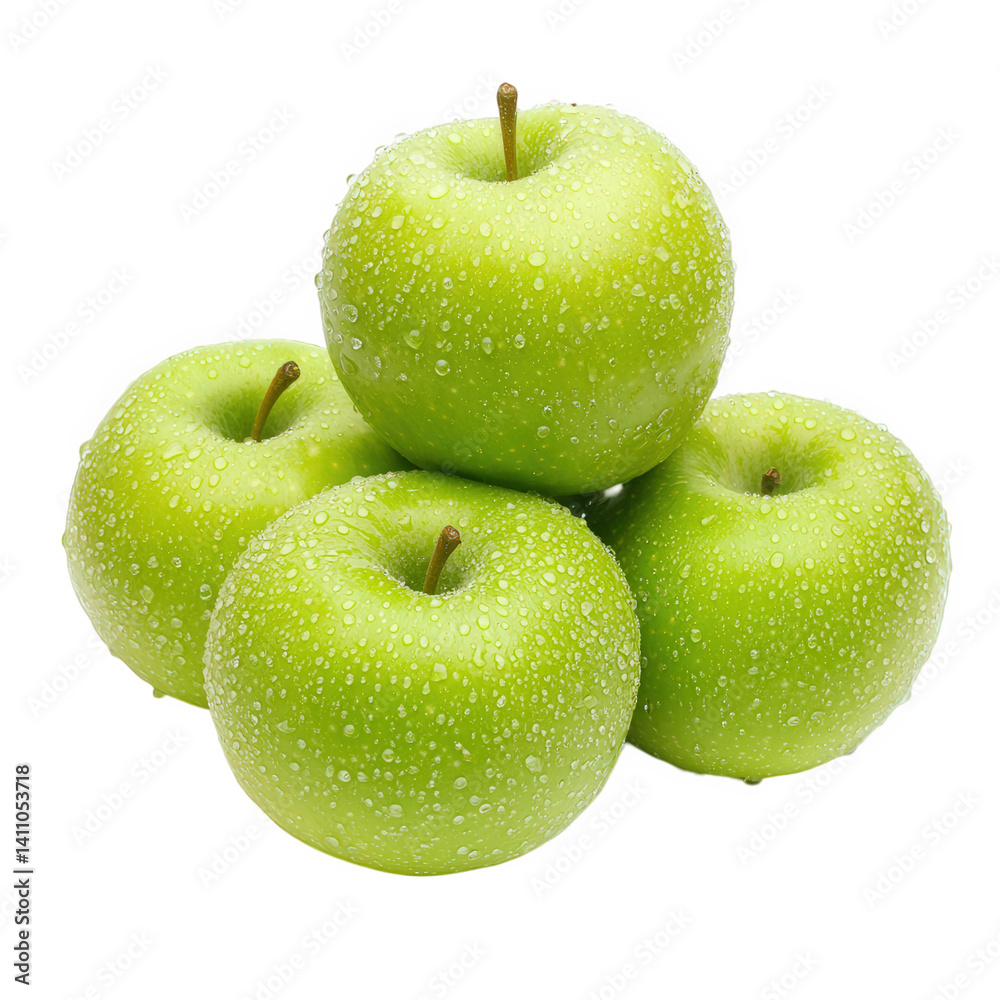 Freshly washed green apples stacked together with water droplets glistening in natural light, showcasing their vibrant color and freshness in a simple and clean arrangement Freshly washed green apples stacked together with water droplets glistening in natural light, showcasing their vibrant color and freshness in a simple and clean arrangement