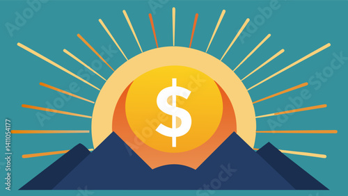 An image of a rising sun with a dollar sign in the center representing the financial strain felt by consumers as food prices continue to rise.. Vector illustration