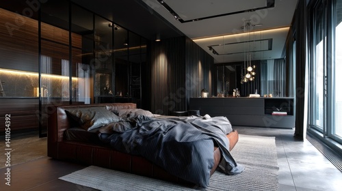 Sleek bachelor pad interior with dark tones and leather accents 