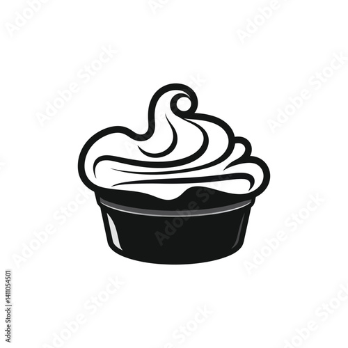 Black Dessert Icon, Monochrome Style Cupcake with Creamy Frosting, Transparent BG