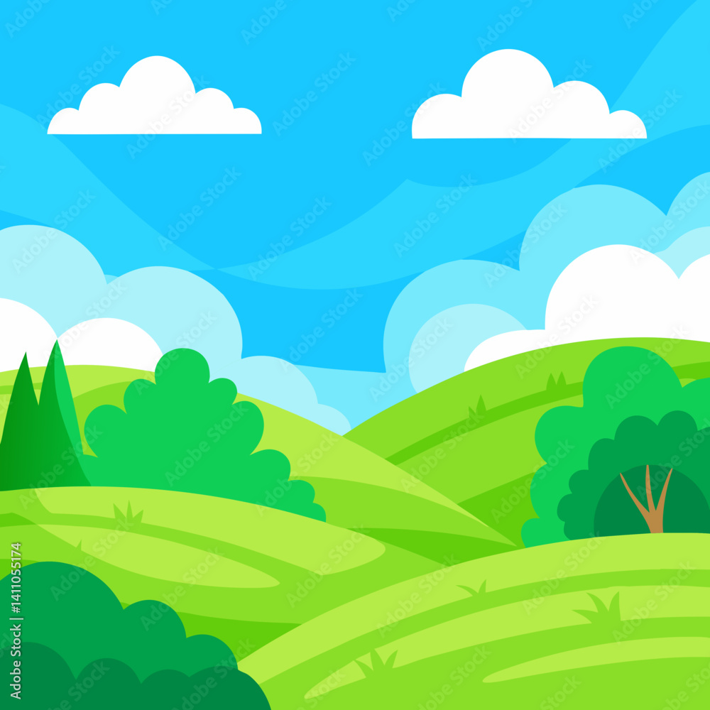 Fototapeta premium Vibrant wildflower meadow cartoon landscape background 