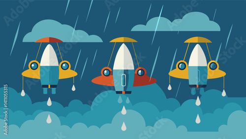 Amidst the dreary weather the eVTOLs glided gracefully through the misty rain their electric engines humming in perfect harmony.. Vector illustration