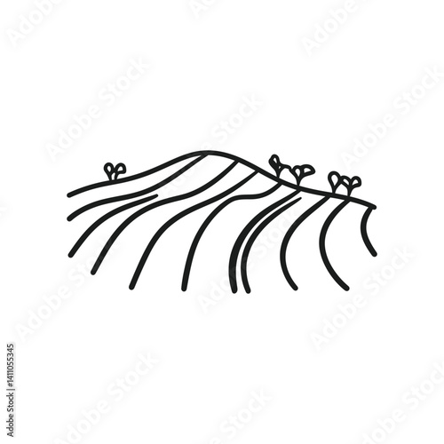 Black Line Drawing Field Terraces with Crops Against Transparent Background