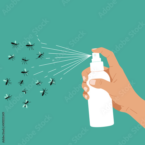 Hand spraying mosquito repellent against stylized mosquitoes, teal background, Pest control, outdoor protection concept, For product ads, health blogs, camping safety tips