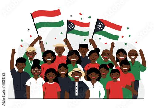 Diverse Group smiling, celebrating Juneteenth holding flags, minimalist background, Freedom Day, cultural heritage concept, For event visuals, educational content, community articles 