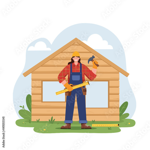 Builder holding tools building wooden summer house (dacha), DIY construction, home improvement concept, For building guides, hardware stores, DIY projects
