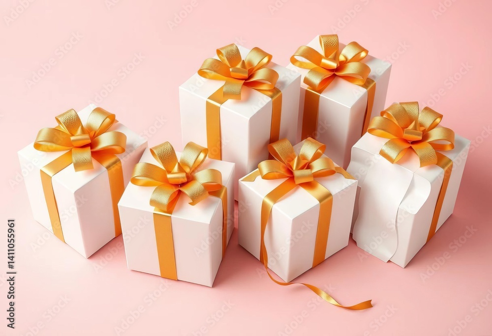 Obraz premium Elegant white gift boxes with golden bows on a pastel background , mockup, shiny