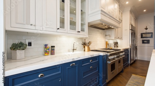 Stylish two-tone kitchen with upper white and lower navy cabinets