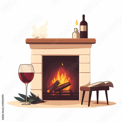 Cozy Hygge Interior: Warm Fireplace and Wine for Relaxing Rural Winter Evenings