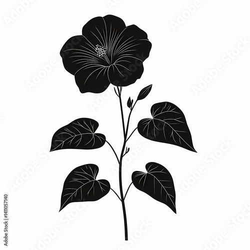 Elegant Black Botanical Illustration with Tropical Flowers and Greenery - Modern Nature Design for Wallpaper and Decoration