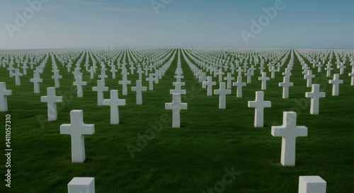 Endless rows of white crosses in military cemetery on green grass. Memorial Day tribute. Solemn remembrance of fallen soldiers. War memorial concept. photo