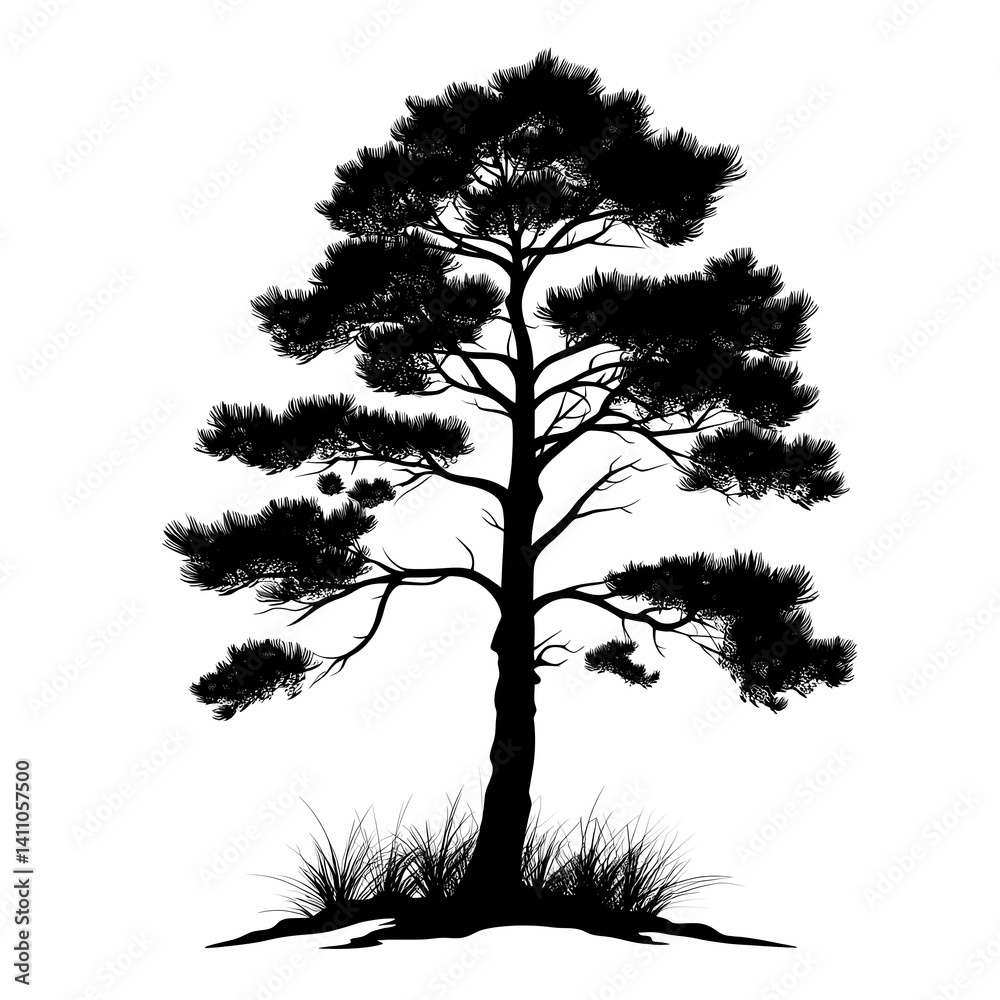 Fototapeta premium Black Silhouette Pine Tree in Forest - Scenic Nature Illustration in Vector Art