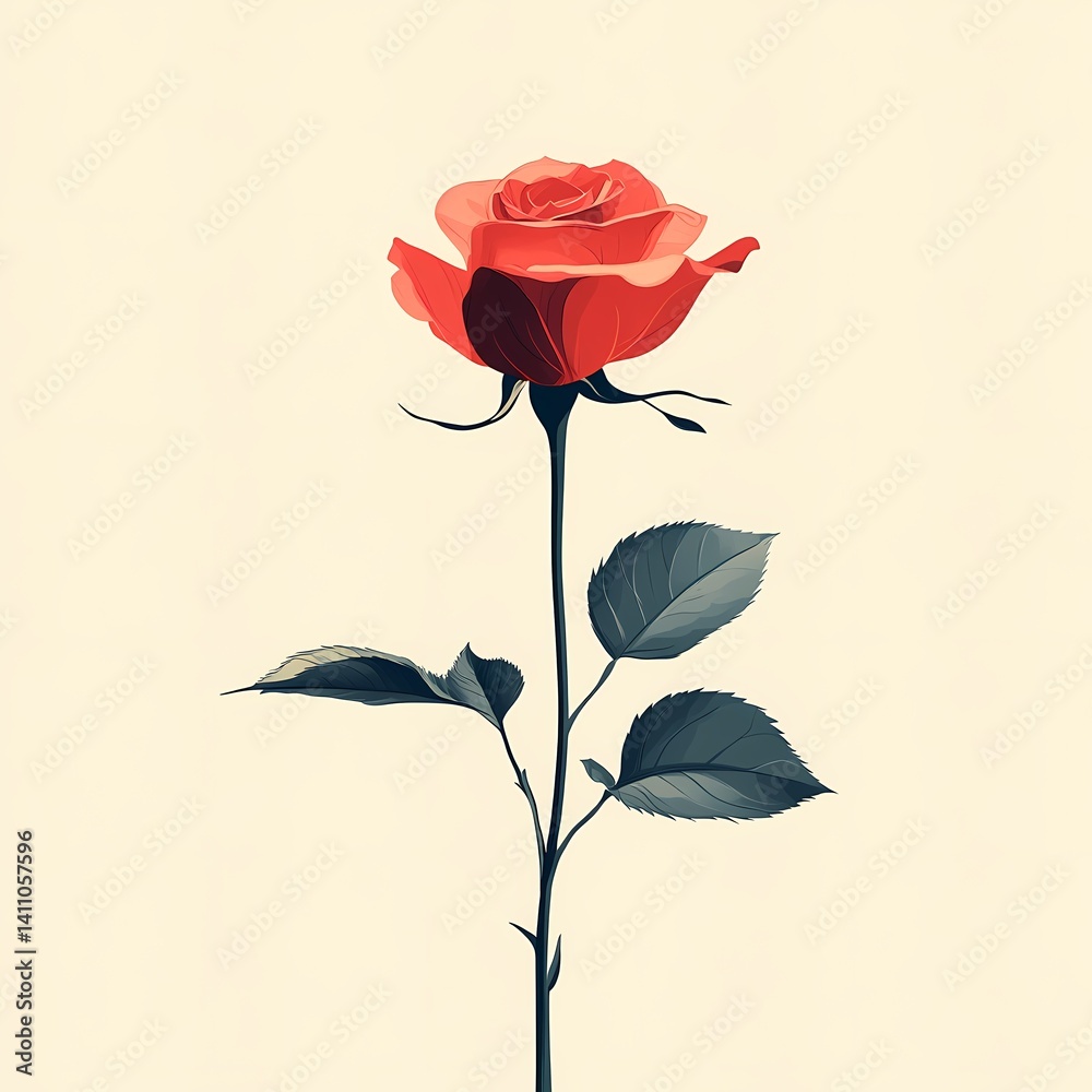 Obraz premium Red Rose Flower Botanical Illustration: Elegant Nature-Inspired Art with Vibrant Petals for Romantic Spring Decor