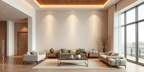 Empty beige wall in modern minimalist living room, luxury lighting, wall, artwork