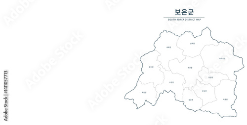 Boeun-gun Map. Map of South Korea with Major Cities, Clean Line Design on White Background.