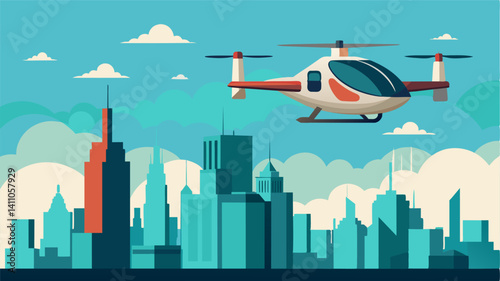 As the air taxi hovers above a futuristic skyline a refueling eVTOL approaches from above ready to keep it going on its journey through the futuristic cityscape.. Vector illustration