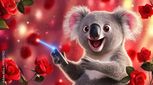 Animated koala with a wand, surrounded by roses.