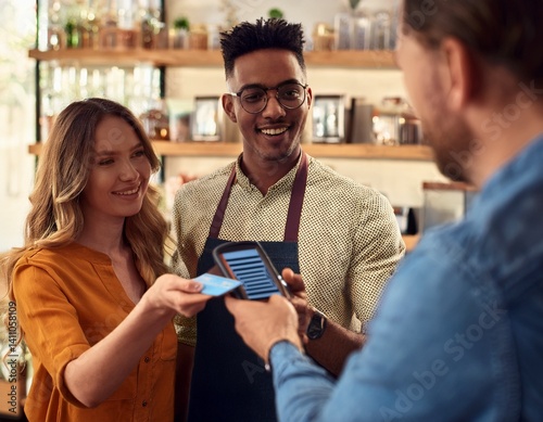 Happy store owner receiving an QRIS payment by cellphone from a customer
