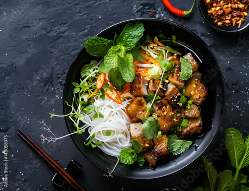 Bun rice noodles, marinated pork belly and bean sprouts in black bowl on dark background. The bun r wysa is a traditional Vietnamese dish made of white vermicelli , chicken or fish fillet
