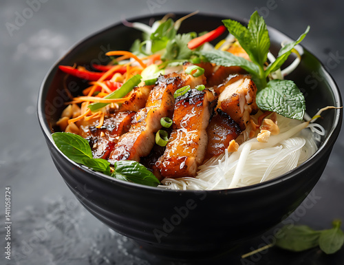 Bun rice noodles, marinated pork belly and bean sprouts in black bowl on dark background. The bun r wysa is a traditional Vietnamese dish made of white vermicelli , chicken or fish fillet