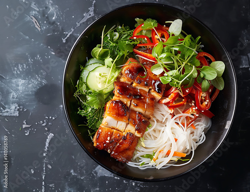 Bun rice noodles, marinated pork belly and bean sprouts in black bowl on dark background. The bun r wysa is a traditional Vietnamese dish made of white vermicelli , chicken or fish fillet