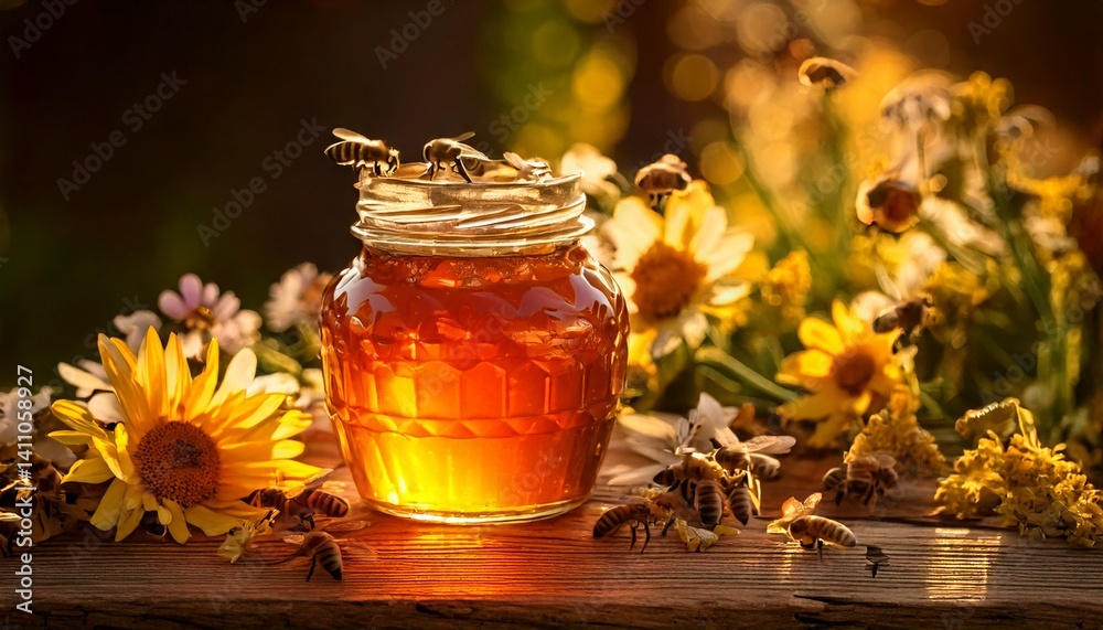 Warm Rustic Tabletop with Wooden Honey Pot and Busy Bees Around Flowers Warm Rustic Tabletop with Wooden Honey Pot and Busy Bees Around Flowers