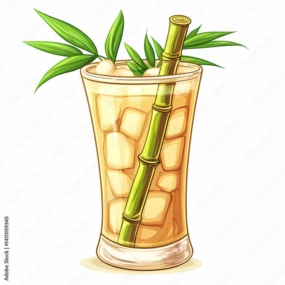 Fototapeta premium Tropical Pineapple Cocktail with Green Leaves and Refreshing Ice. Perfect Summer Beverage in a Decorative Glass