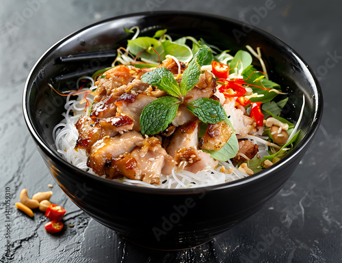Bun rice noodles, marinated pork belly and bean sprouts in black bowl on dark background. The bun r wysa is a traditional Vietnamese dish made of white vermicelli , chicken or fish fillet