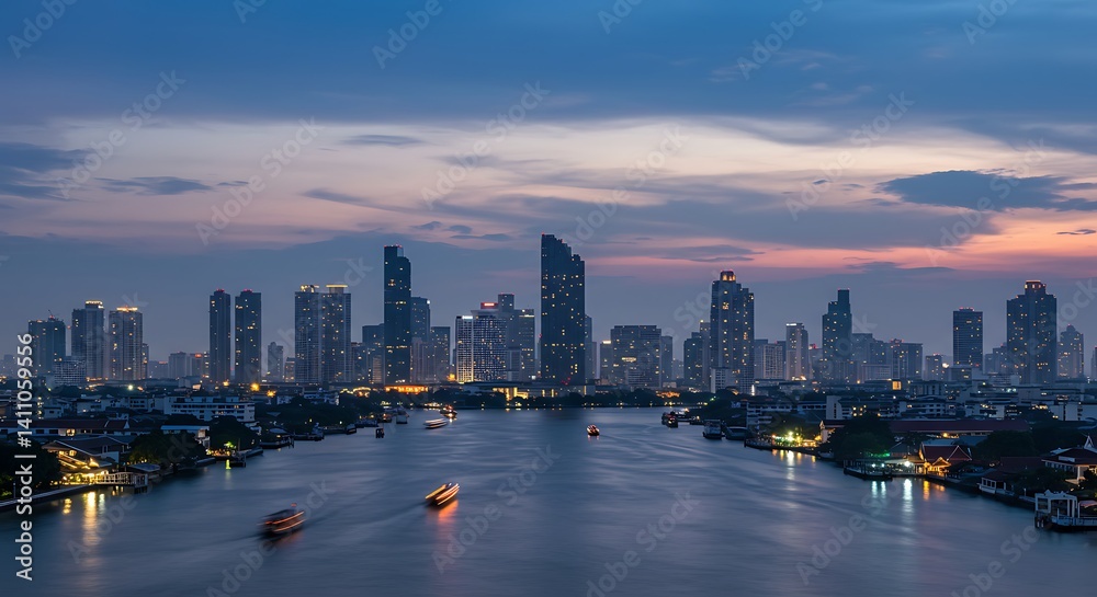 Fototapeta premium Evening Cityscape with River and Illuminated Skyscrapers at Sunset