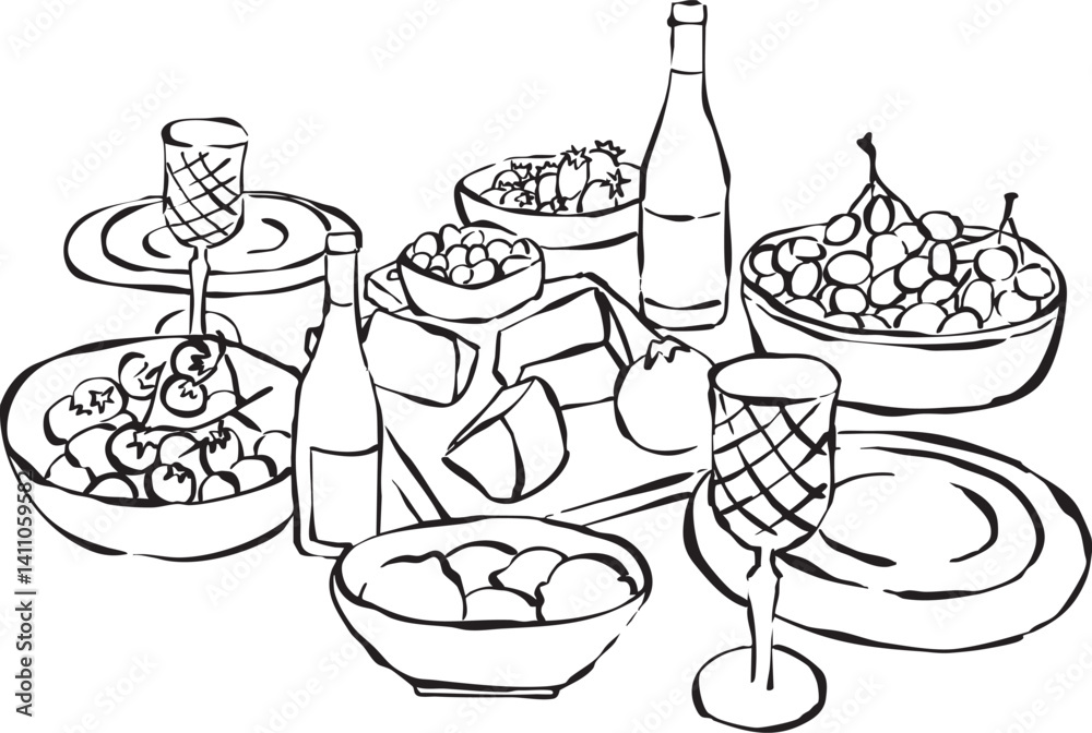 Ilustración vectorial de mesa de brunch con quesos, vino, fruta y platos. Dibujo a mano de brunch. Ilustración minimalista. Ilustración para invitaciones, papelería, imprimibles, redes sociales	