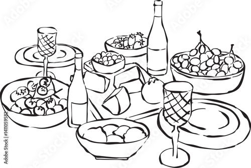 Ilustración vectorial de mesa de brunch con quesos, vino, fruta y platos. Dibujo a mano de brunch. Ilustración minimalista. Ilustración para invitaciones, papelería, imprimibles, redes sociales	