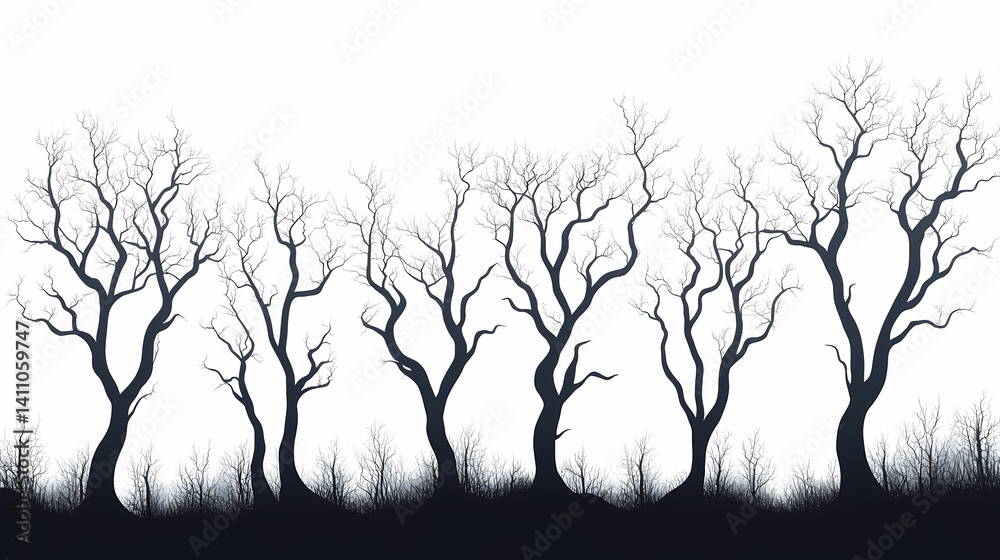 Obraz premium Eerie Silhouetted Trees. Barren Branches Against a Moody Winter Horizon