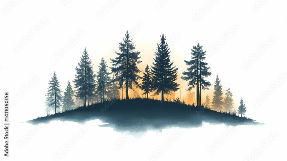 Fototapeta premium Mystical Forest Silhouette Against a Vibrant Sunset - Idyllic Nature Illustration