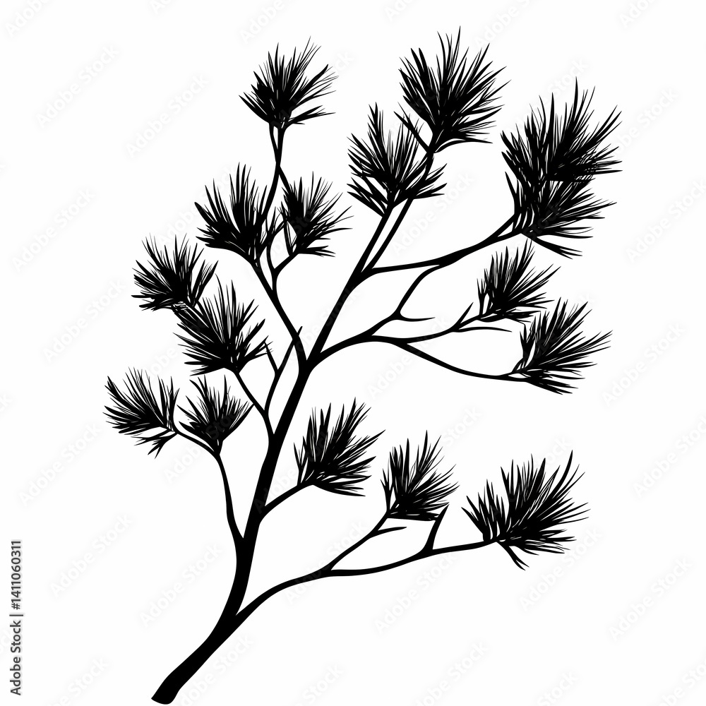 Naklejka premium Minimalist Pine Branch Silhouette. A Black and White Botanical Illustration Featuring Nature's Foliage and Organic Shapes