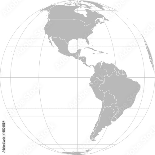 World vector map with country boundaries and graticules (Western hemisphere, orthographic projection, PPT-compatible & fully editable)