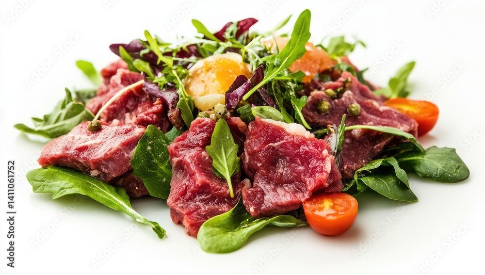 Fresh beef salad with greens and egg