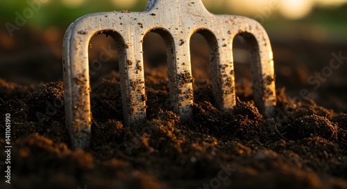 Close-up of a garden fork tines in rich soil.