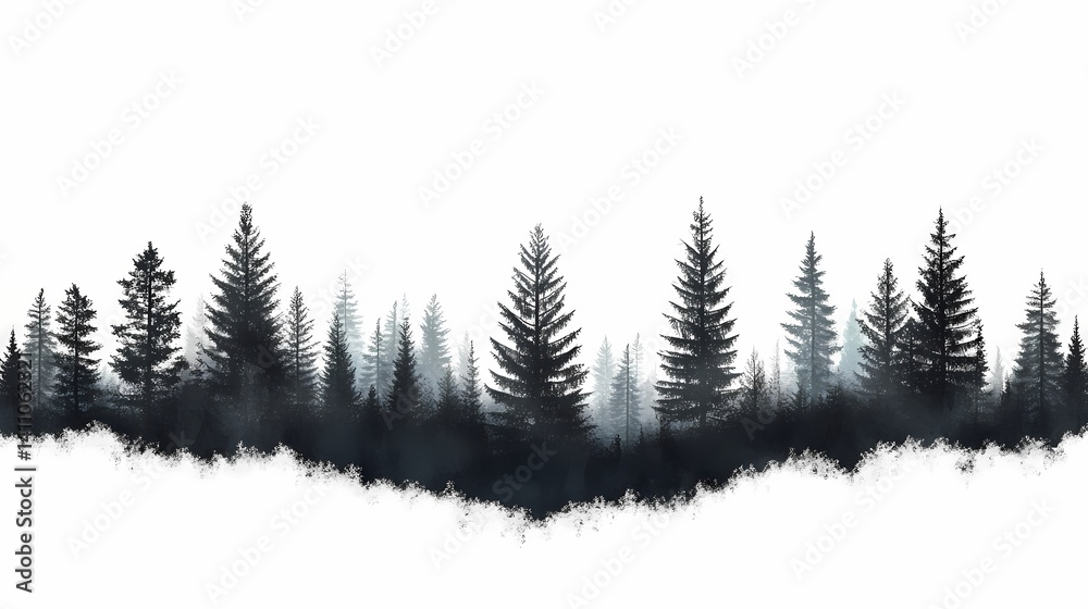 Fototapeta premium Black and White Forest Landscape with Silhouetted Pine Trees. Artistic Eco-Friendly Nature Scene