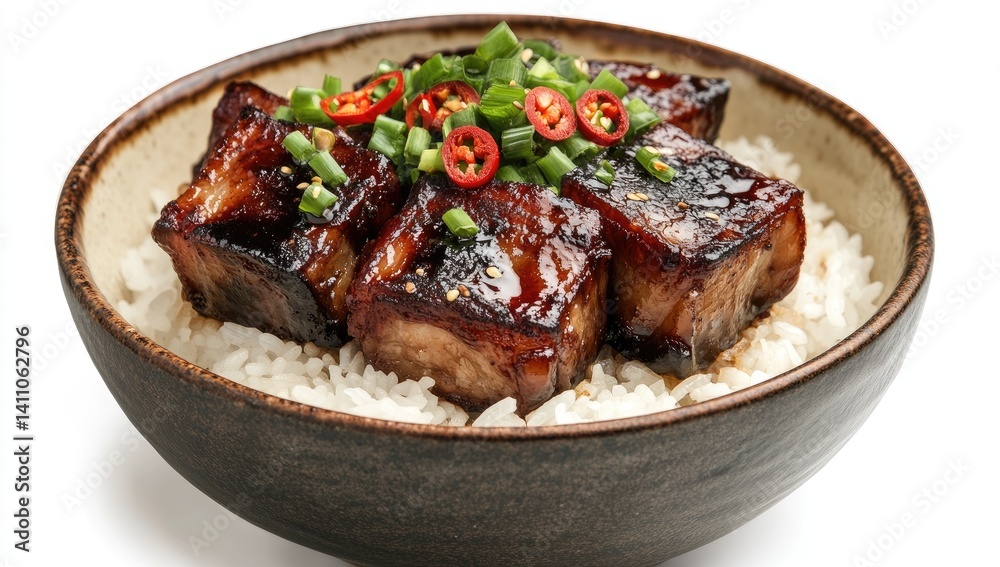 Glazed pork cubes over rice