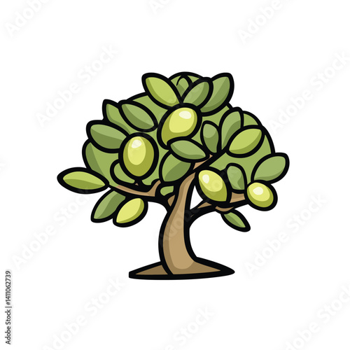 Cartoon Olive Tree with Green Olives and Leaves on Transparent Background