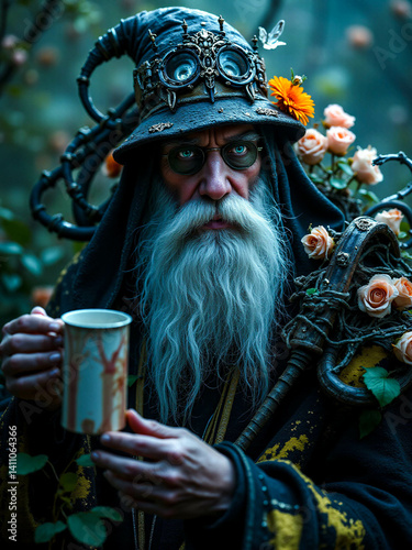 a biomechanical old man holding cup of coffee