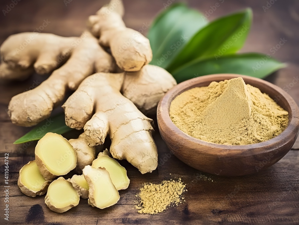 Fresh Ginger Root and Powder: Aromatic Spice, Herbal Remedy, Culinary Ingredient Fresh Ginger Root and Powder: Aromatic Spice, Herbal Remedy, Culinary Ingredient