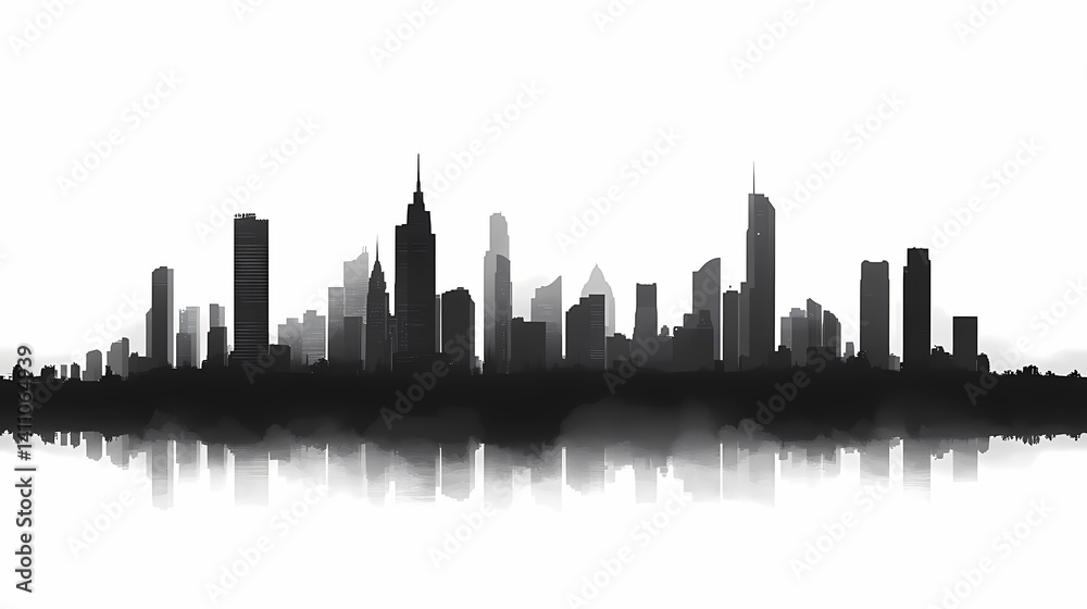 Naklejka premium Modern Urban Cityscape. Black and White Skyline Silhouette in High Definition illustration.