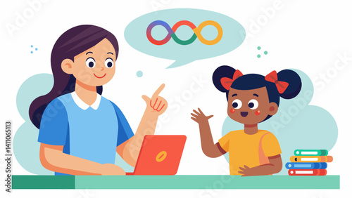 A little girl enthusiastically explains to her teacher how she used loops and conditionals to create a complex game with multiple endings.. Vector illustration