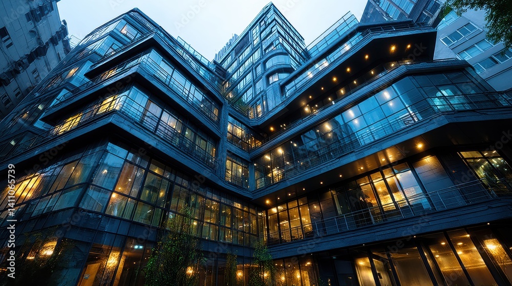 Fototapeta premium a blue building with a lot of glass windows