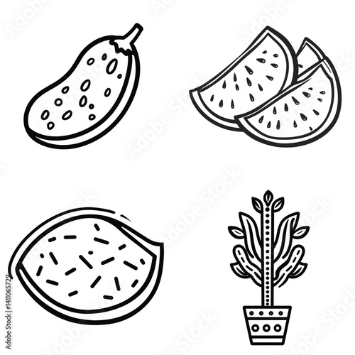 Collection of Black Line Art Isolated Vegetables, Fruits and Plant Icon Set on White