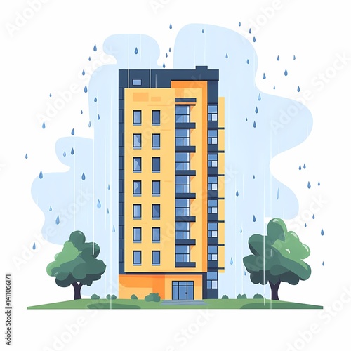 Modern Apartment Architecture in Vibrant Urban Cityscape. Sustainable Building Design with Colorful Facade and Greenery in Rainy Weather