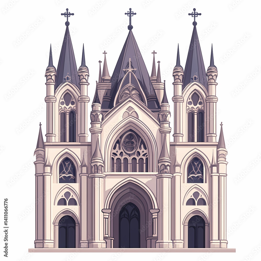 Fototapeta premium Gothic Cathedral Architecture. Illustrated Medieval Landmark with Ornate Spires, Towers, and Stonework Details